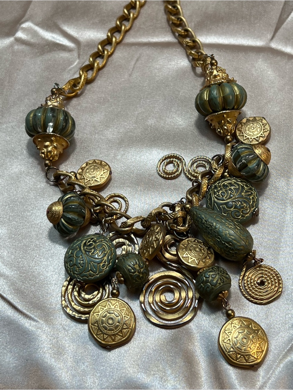 Green and Gold Beaded 18” Necklace with Matching Clip-On Earrings